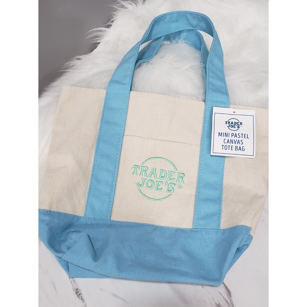 NEW Trader Joe's Mini Canvas Pastel Reusable Tote Bag LIGHT BLUE GREEN